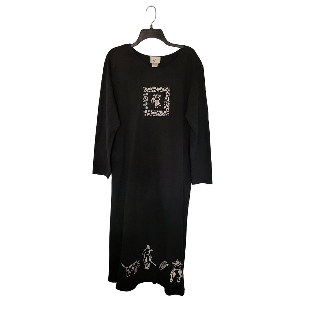 IF Long Sleeves Long Black Nightdress Cow Print Stretch Loungewear Medium